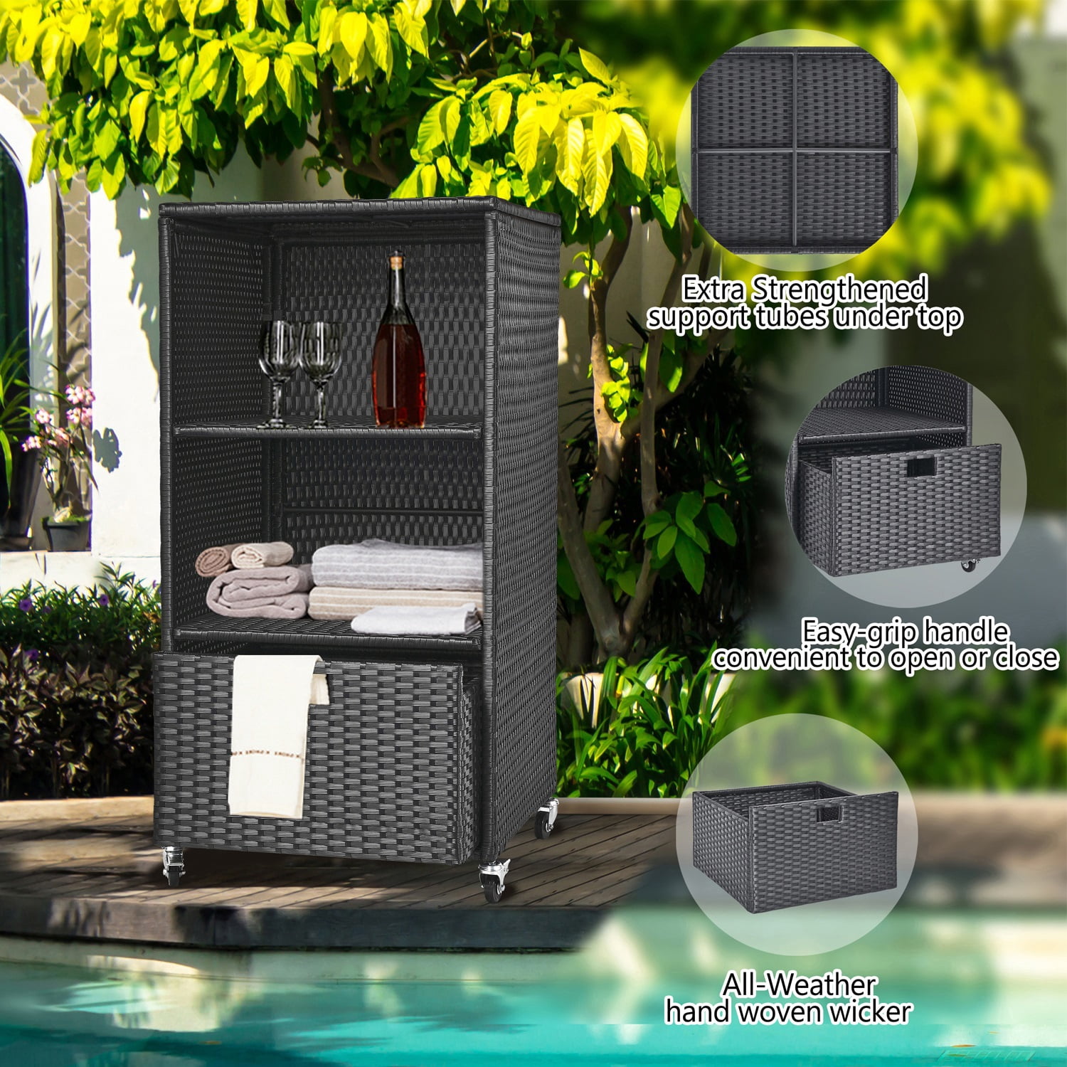 Outdoor Towel Rack for Pool Outdoor Pool Towel Storage Cabinet with Shelf & Drawer Pool Towel Holder with Rolling Wheels Hot Tub Towel Rack w/Waterproof Cover Poolside Towel Valet Caddy for Spa Black