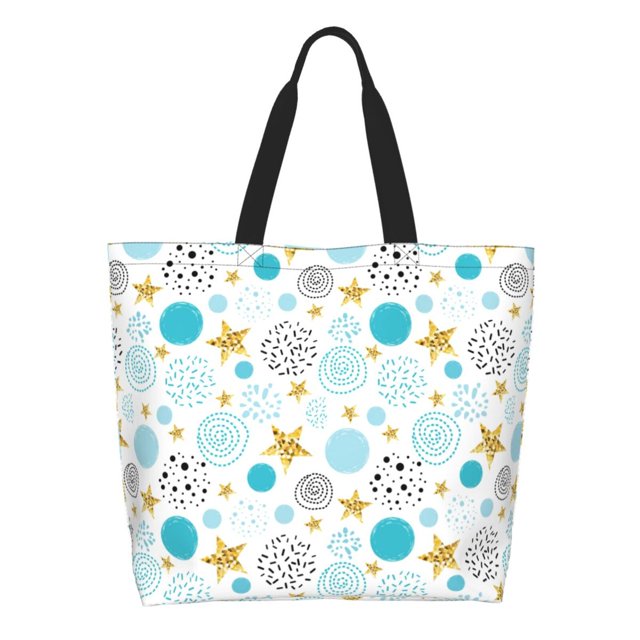 Fotbe Gold Stars Blue Dots Pattern Bolsa Tote Estética de Lona con Estampado para Mujer - Bolsa Reutilizable de Hombro Casual para Vacaciones, Compras, Trabajo y Gimnasio