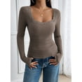 thumbnail image 2 of Womens Long Sleeve Shirts Square Neck Ribbed Knit Crop Tops Fall Outfits Fashion Clothes Coffee Color S, 2 of 8