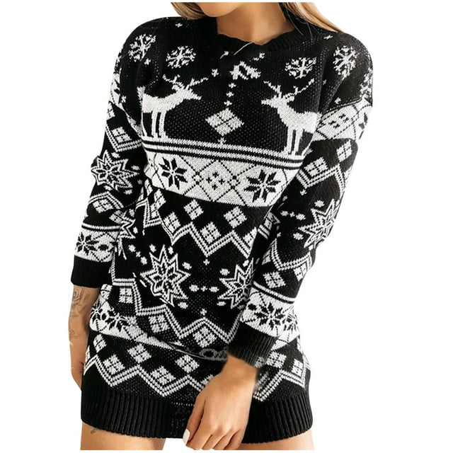 Vestido de suéter de Navidad de alce con cuello redondo para mujer, suéter de manga larga suelto de punto informal Fridja nbo885