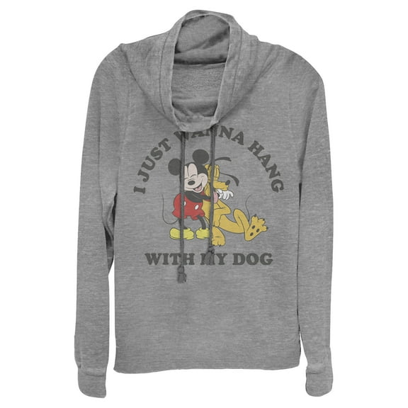 Junior's Mickey & Friends I Just Wanna Hang With My Furry Friend Cowl Neck Sweatshirt Gray Heather 2X Large