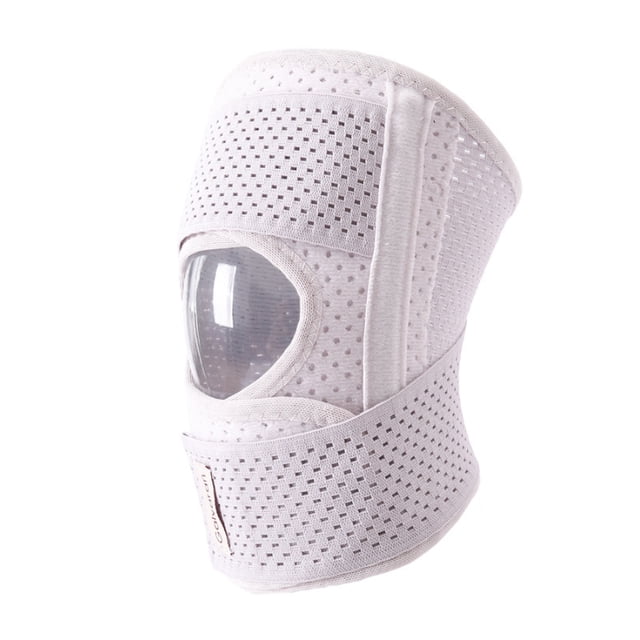 rodillera para ligamento cruzado varillas flexibles abierta neopreno-pierna izquierda blanca, vista 3/4 frontal con abertura circular para rótula; neopreno blanco con paneles perforados de nylon, varillas laterales visibles y correa en V bidireccional para ajuste y soporte para rodilla durante entrenamiento; a menudo usada también como soporte estable en rehabilitación deportiva.