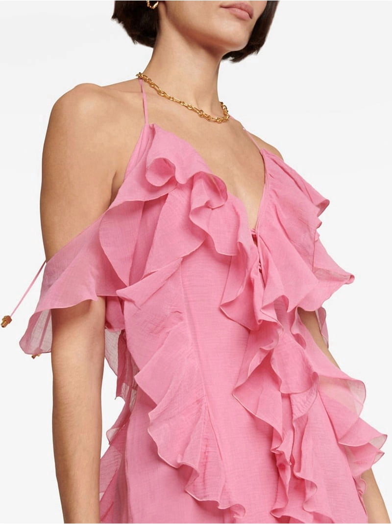 pink chiffon sleeveless ruffle maxi dress boohoo Women's Plus Chiffon Strappy Ruffle Maxi Dress in Baby Pink