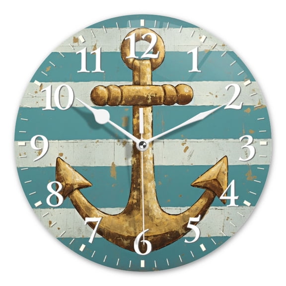 Decorative Round Wall Clocks Non-Ticking Silent Battery Operated Clocks with Photo for Bedroom,Living Room-Golden Anchor On Aquamarine Striped Background(10inch)