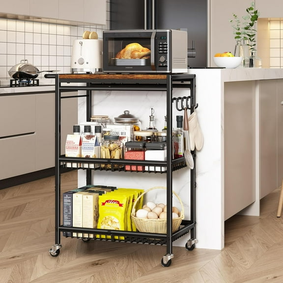 Microwave Kitchen Cart with Push Handle, 3 Tire Rolling Cart with 2 Lockable Wheels, Vintage Kitchen Storage Cart with 210Lbs Capacity for Kitchen Island, Restaurant, Coffee Bar, Living Room, Office
