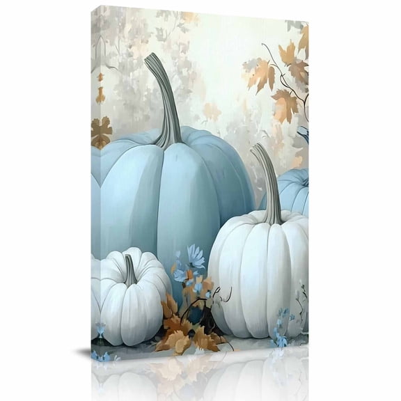 Canvas Wall Art, Blue Pumpkin Fall Framed Canvas Prints for Living Room Dining Room, Thanksgiving Autumn Botanical Leaves Gallery Wrapped Wall Decor for Home Office, Gifts, 22"x28" Ship Next Day