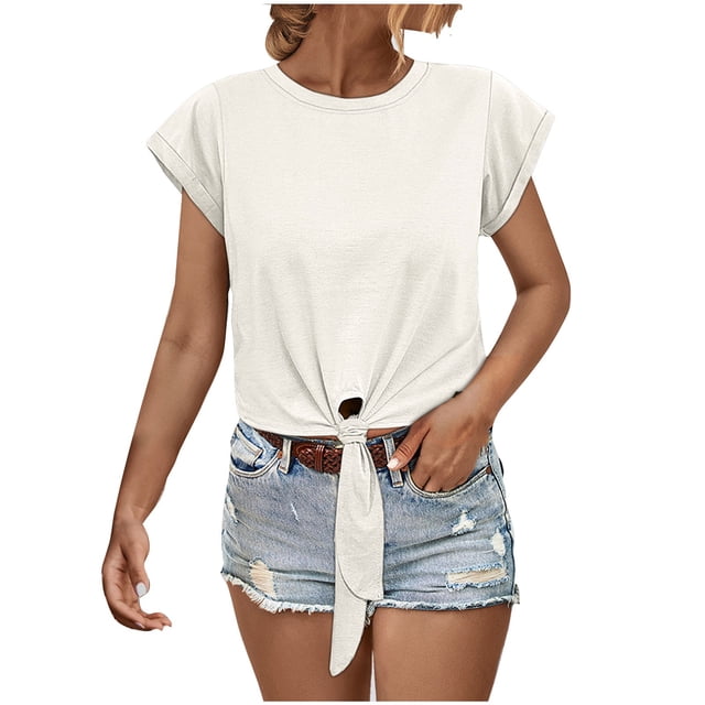 Kovlvoll Hauts pour Femmes Été Col Rond Manches Courtes Chemise Couleur Unie Ample Blouses Décontractées