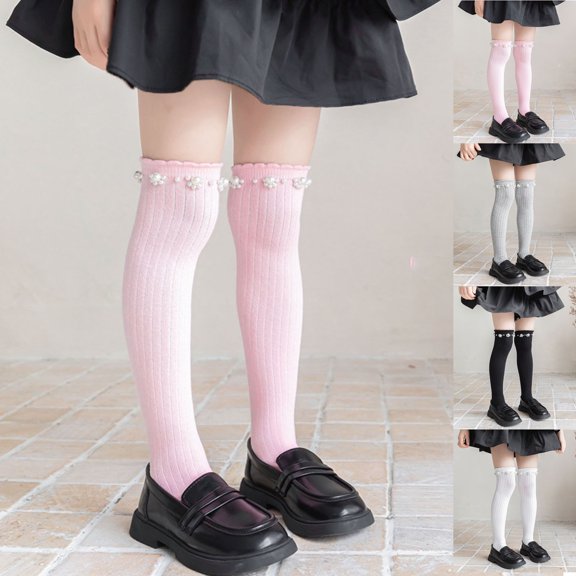 FRSASU Girl's Ruffle Thigh High Stockings Over the Knee Lovely Pearls Cotton Socks for Girls Ages 3-8Years White-D