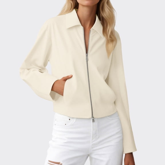 ZHOGXU Women's Coat With Pocket Long Sleeve Lapel Solid Color Zipper Comfortable Stylish Jacket For Casual Daily Wear White M