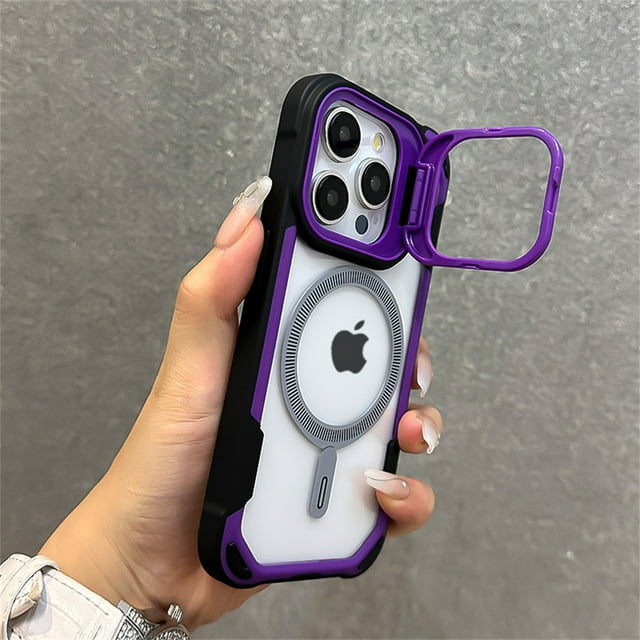 Shockproof Armor Stand Lens Protection Case For iPhone 16 15 14 13 12 11 Pro Max Plus For Magsafe Magnetic Wireless Charge Cover Purple For iPhone 11
