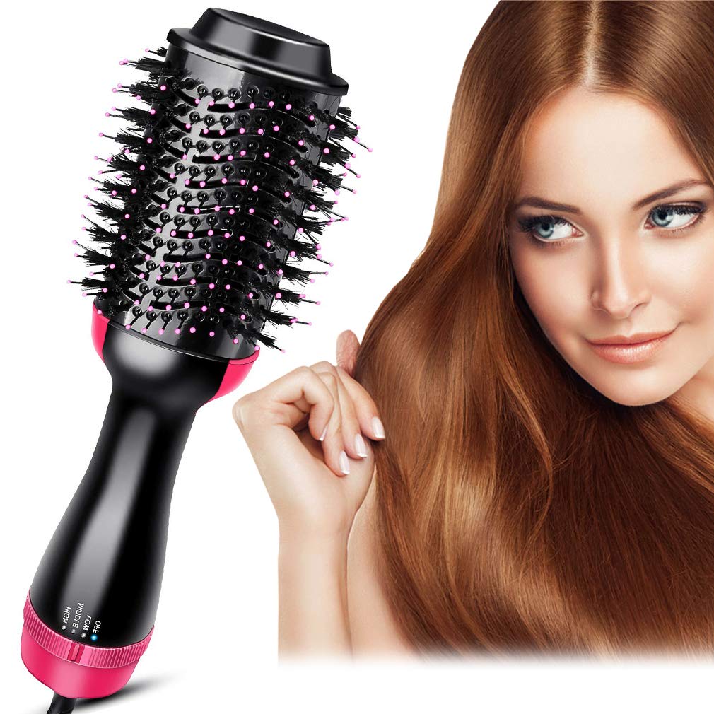 Hair Dryer Brush Hot Air Brush Professional 4-in-1 Hair Dryer and Styler for Blowing Straightening, Curling, Negative Iron - Rose Red