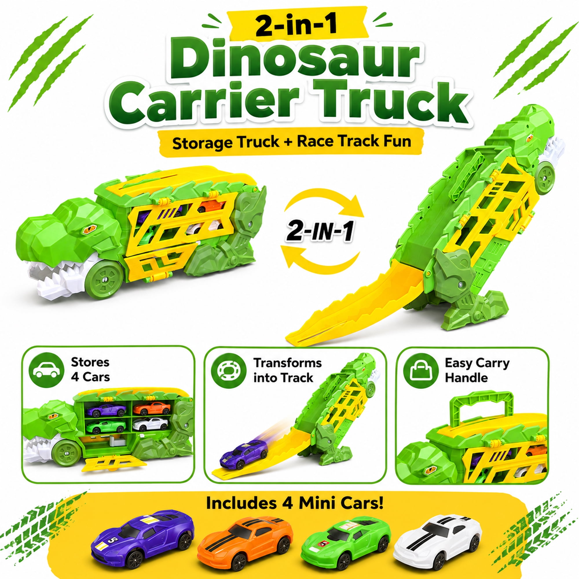 Dinosaur Truck Toy Car Carrier Race Track Playset with 4 Mini Cars, Push and Launch Vehicle Toy for Kids Ages 3+