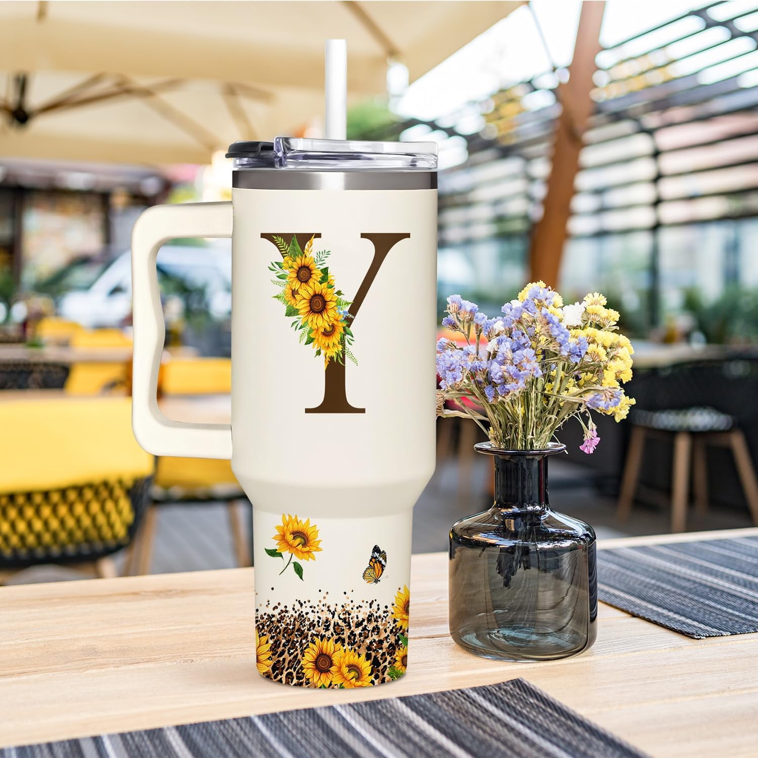 Personalized Birthday Gifts For Women - Sunflowers Monogrammed Cup For Boss Day, Christmas - Customized Gifts For Women, Mom, Wife, Coworkers, Boss Lady, Her - Custom Tumbler With Handle 40oz