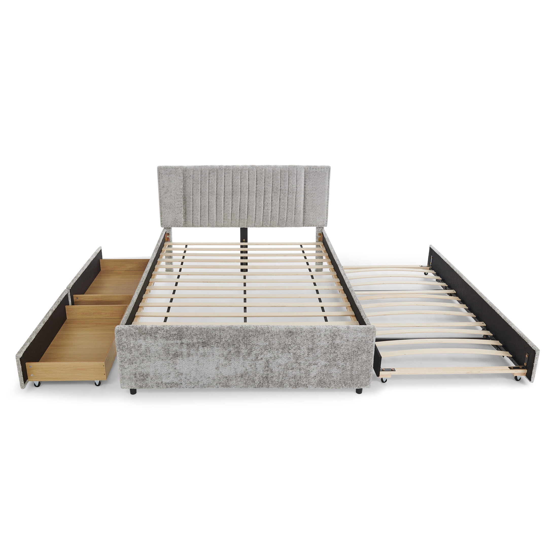 Noble House Luxen Queen Chenille Upholstered Bed, Vertical Tufted Daybed with Pull-out Trundle and Storage Drawers, Gray