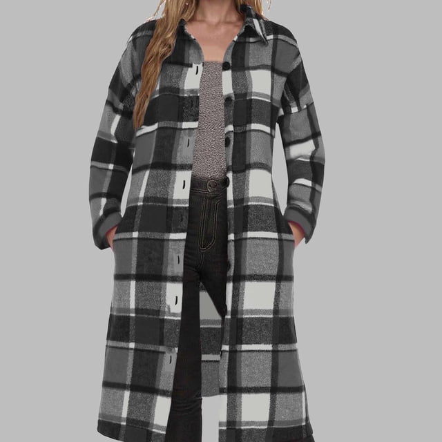 Surchemise Longue en Flanelle à Carreaux pour Femme, Grande Taille, Manches Longues, Chemise Boutonnée Ample, Manteau Trench d'Automne et de Printemps avec Poches, Noir G