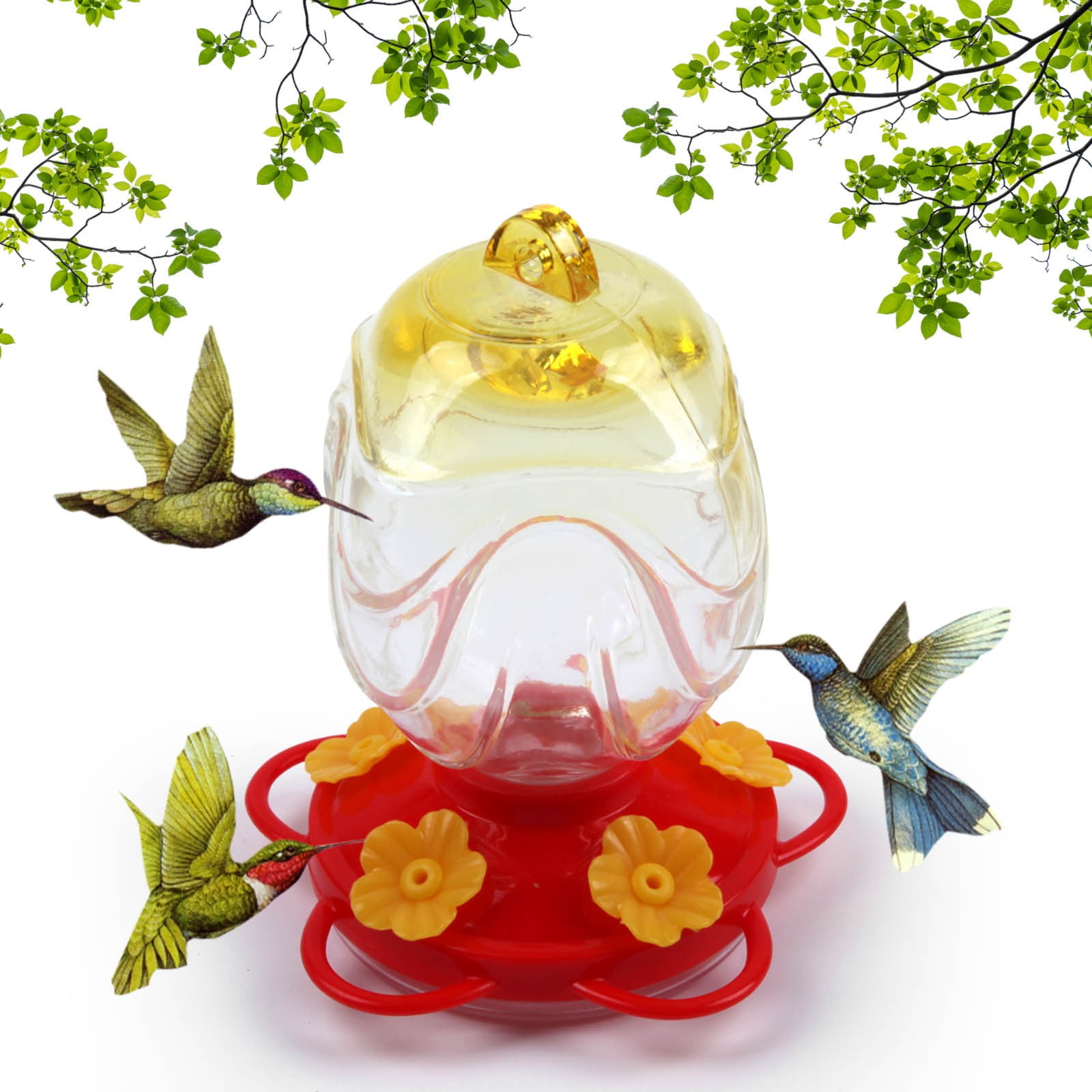 Sylchomon 15oz Glass Hummingbird Feeder for Outdoor Hanging, Hand Blown Glass, Leak Proof & Rustproof, Includes an Ant Moat, Metal Cover with 5 Feeding Ports