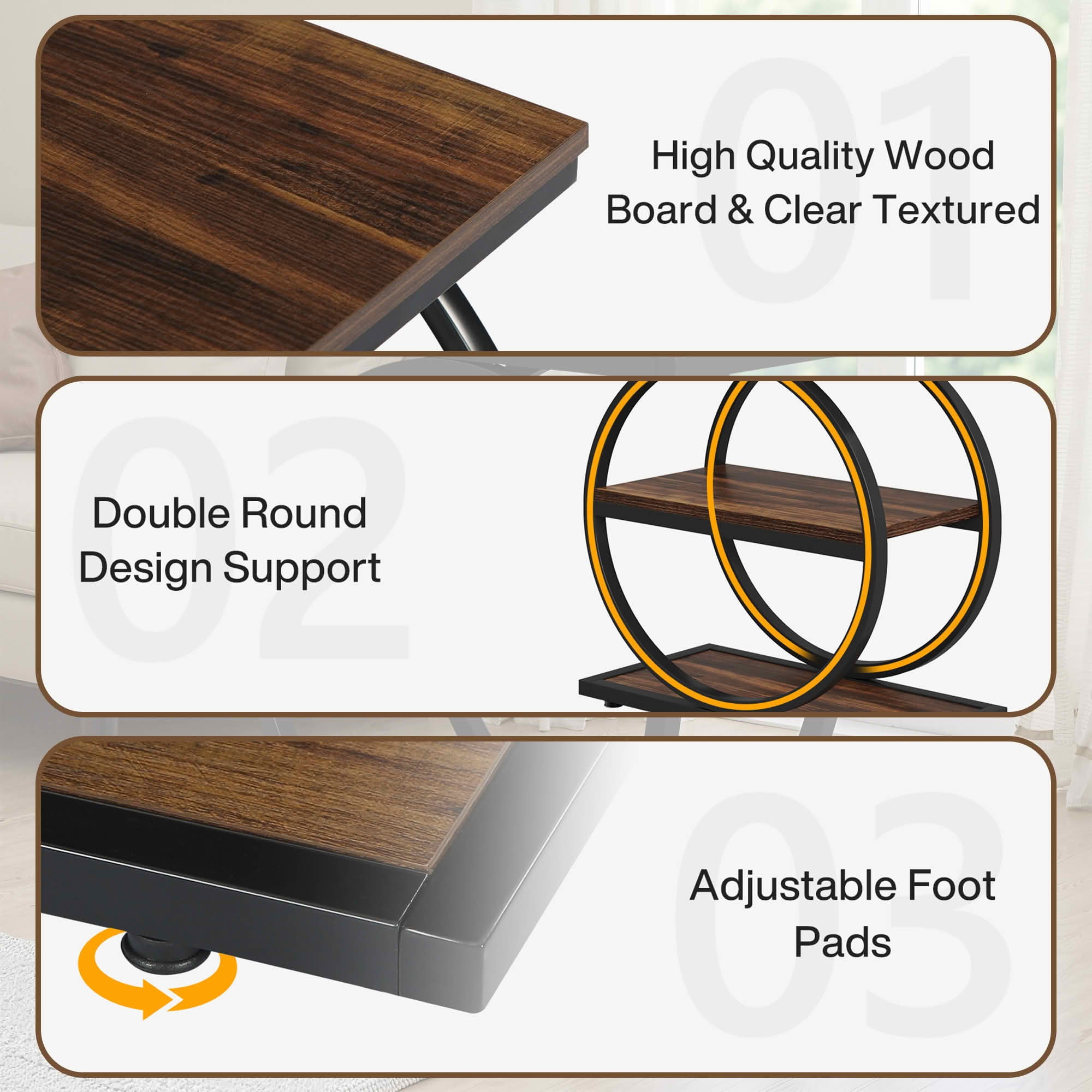 MAYEERTY 3-Tier Industrial End Side Table, E1 MDF Round Thick Metal Frame Storage Nightstand for Living Room Bedroom