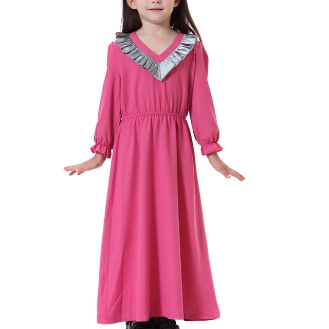 NiSHUIHAN Robe Longue Musulmane pour Fille, Manches Longues, Col en V, Colorblock, Rose, 14-15 Ans