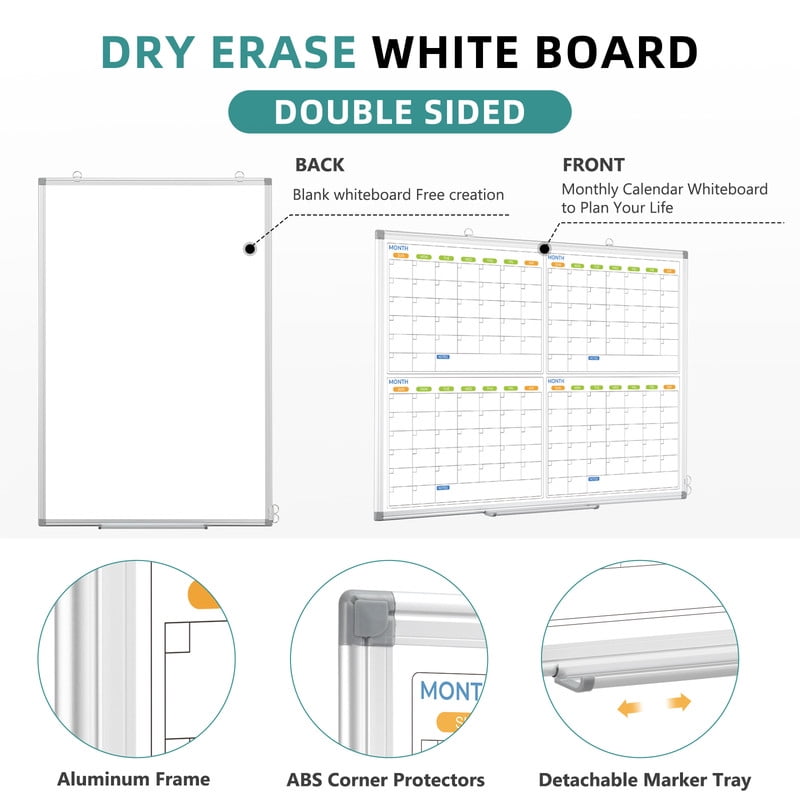 DOLLAR BOSS Large Whiteboard Calendar 48"x36" Dry Erase Board for Wall 4 Monthly Calendar Whiteboard Magnetic White Board Calendar Planner Schedule Board Supplies for Office Home School, White Frame