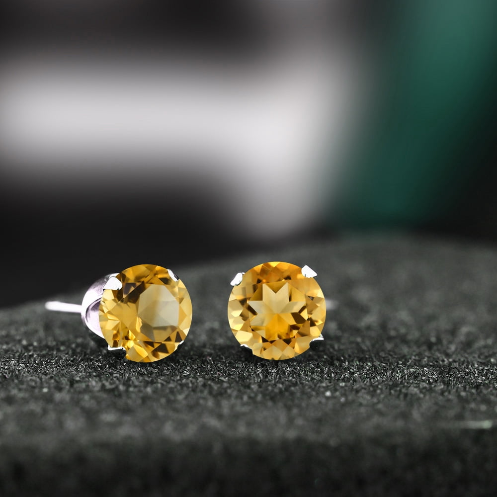 Gem Stone King 2.60 Ct Round Shape Yellow Citrine 925 Sterling Silver Stud Earrings for Women Men