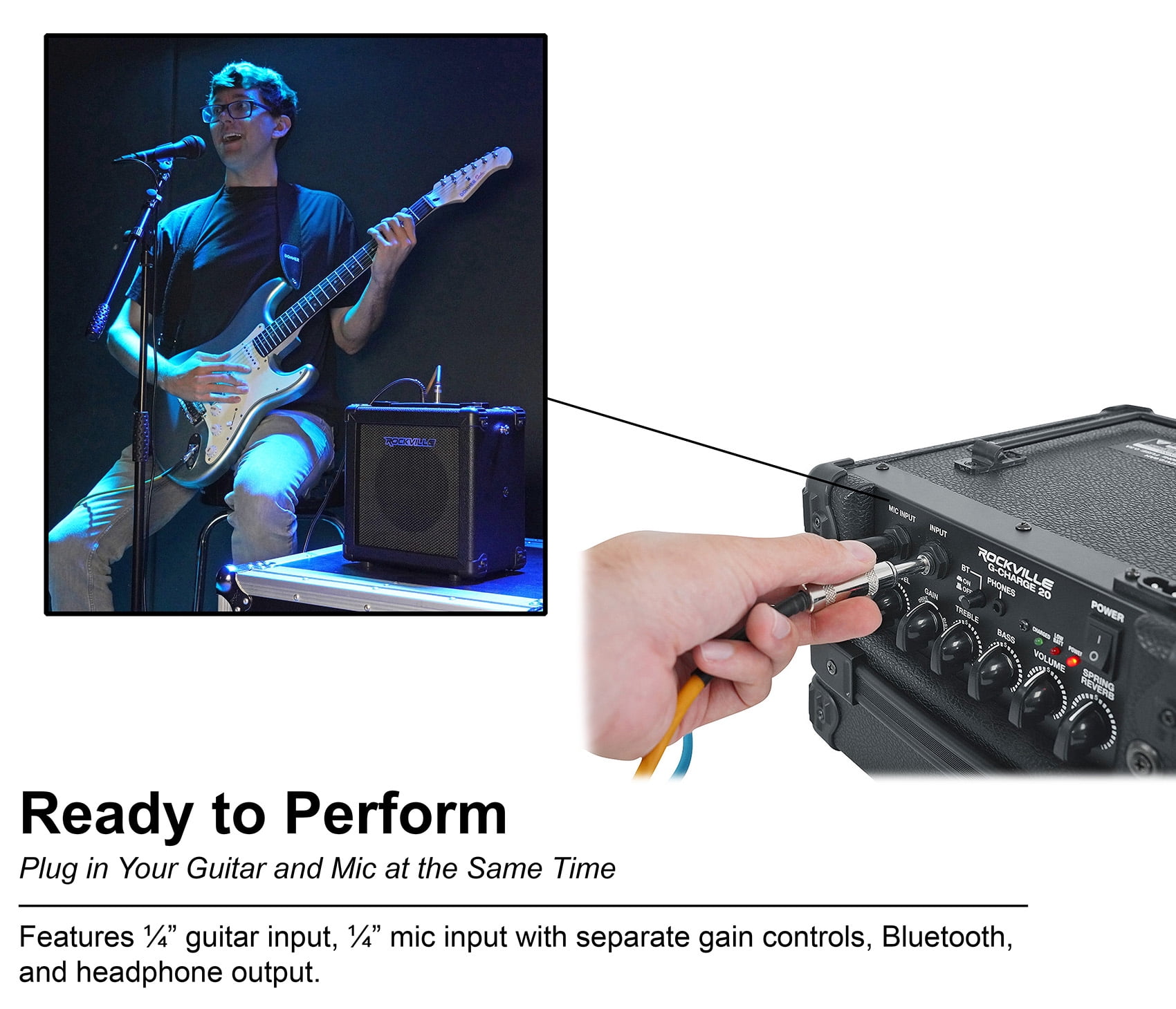 Rockville G-CHARGE 20 BLACK Rechargeable Battery Guitar Amplifier Spring Reverb