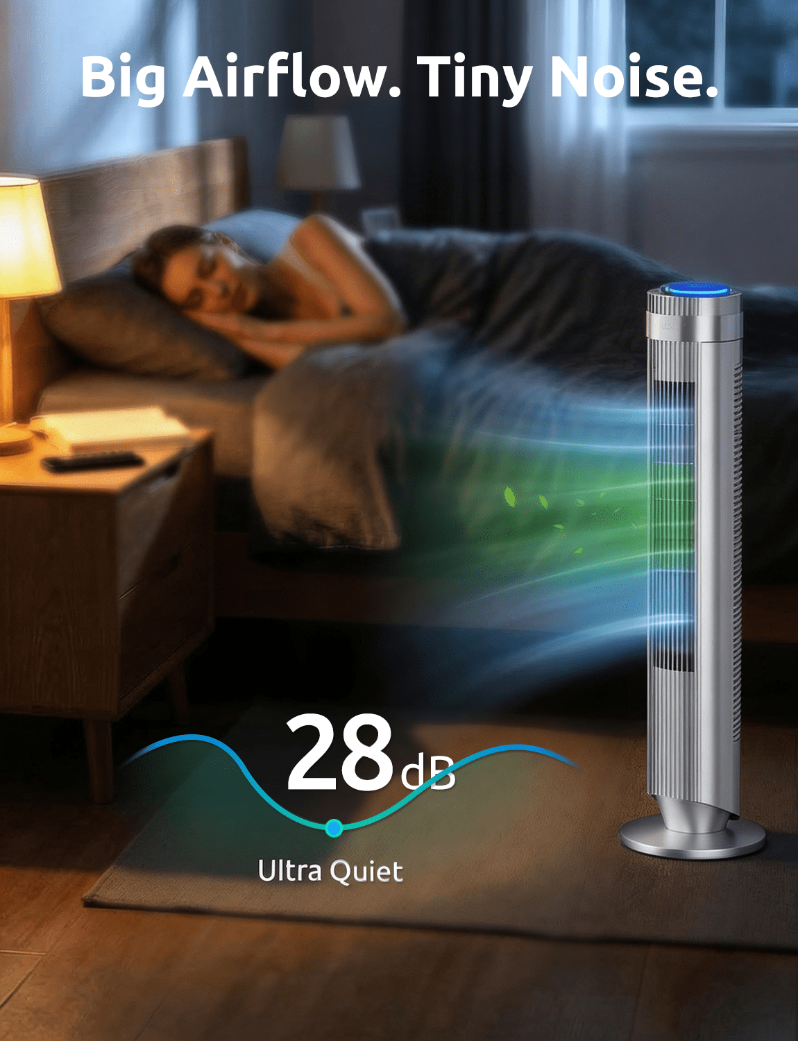 35" Bladeless Tower Fan - Ultra-Quiet 28dB for Bedroom Sleep 25 ft/s High Velocity Cooling w/ Remote 64° Wide Oscillation, 12H Timer, 5 Speeds, 4 Modes LED Display Standing Floor Fan - Silver