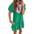 thumbnail image 3 of Short Sleeve Women Color Block V Neck Ruffle Mini Dress, 3 of 6