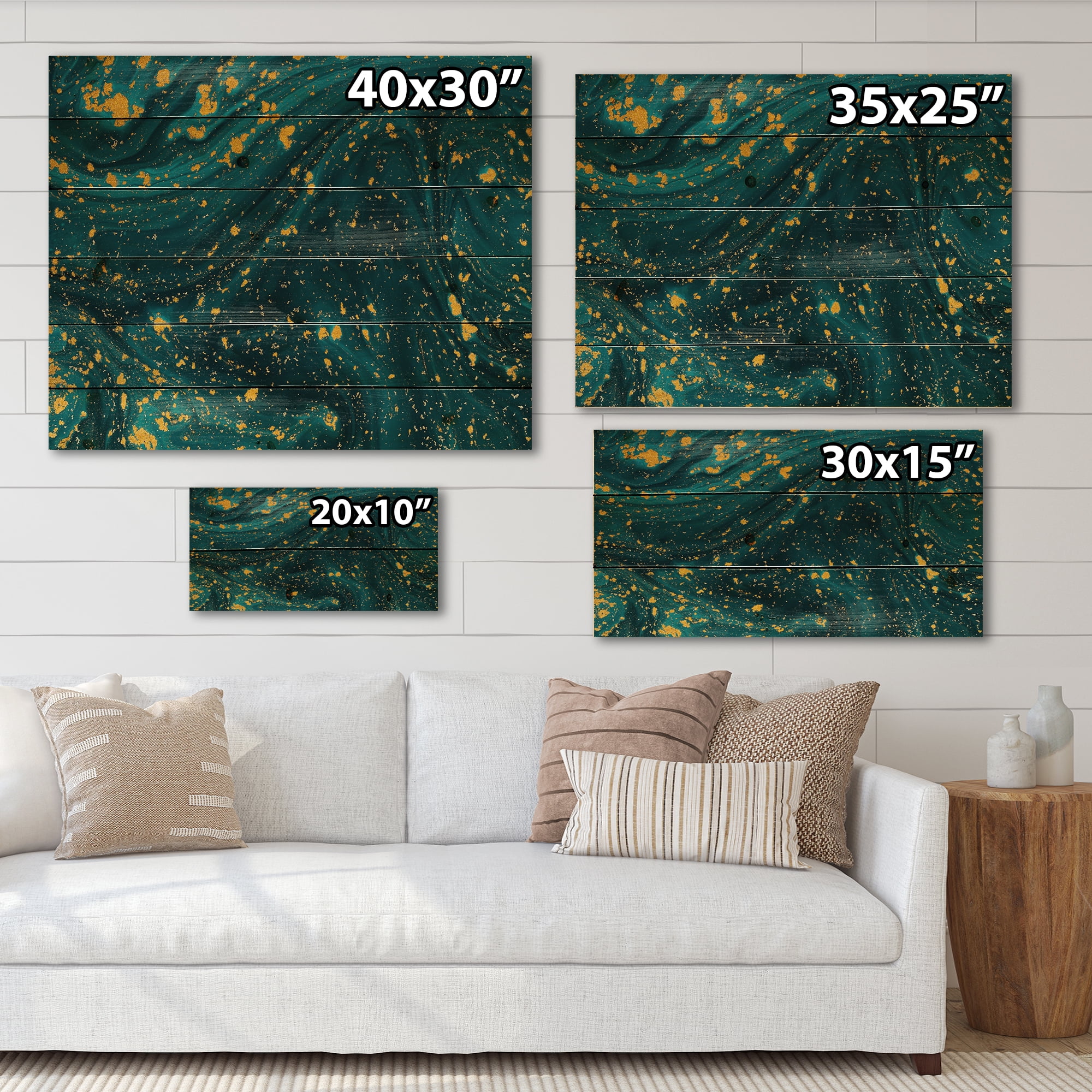 Designart 'Golden Glitter With Dark Blue Marble' Modern Print on Natural Pine Wood