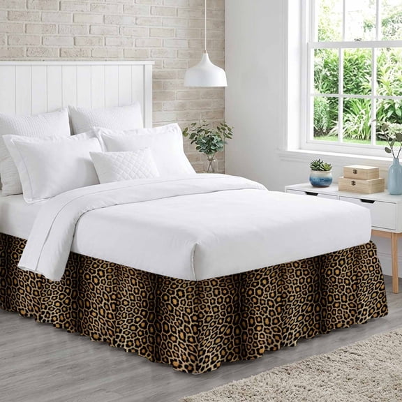 Bed Skirt Leopard Print Adjustable Elastic Wrap-Around Dust Ruffle with Gradient Texture Dot 16 Inch Drop, Bed Frame Cover for Queen Size Bed