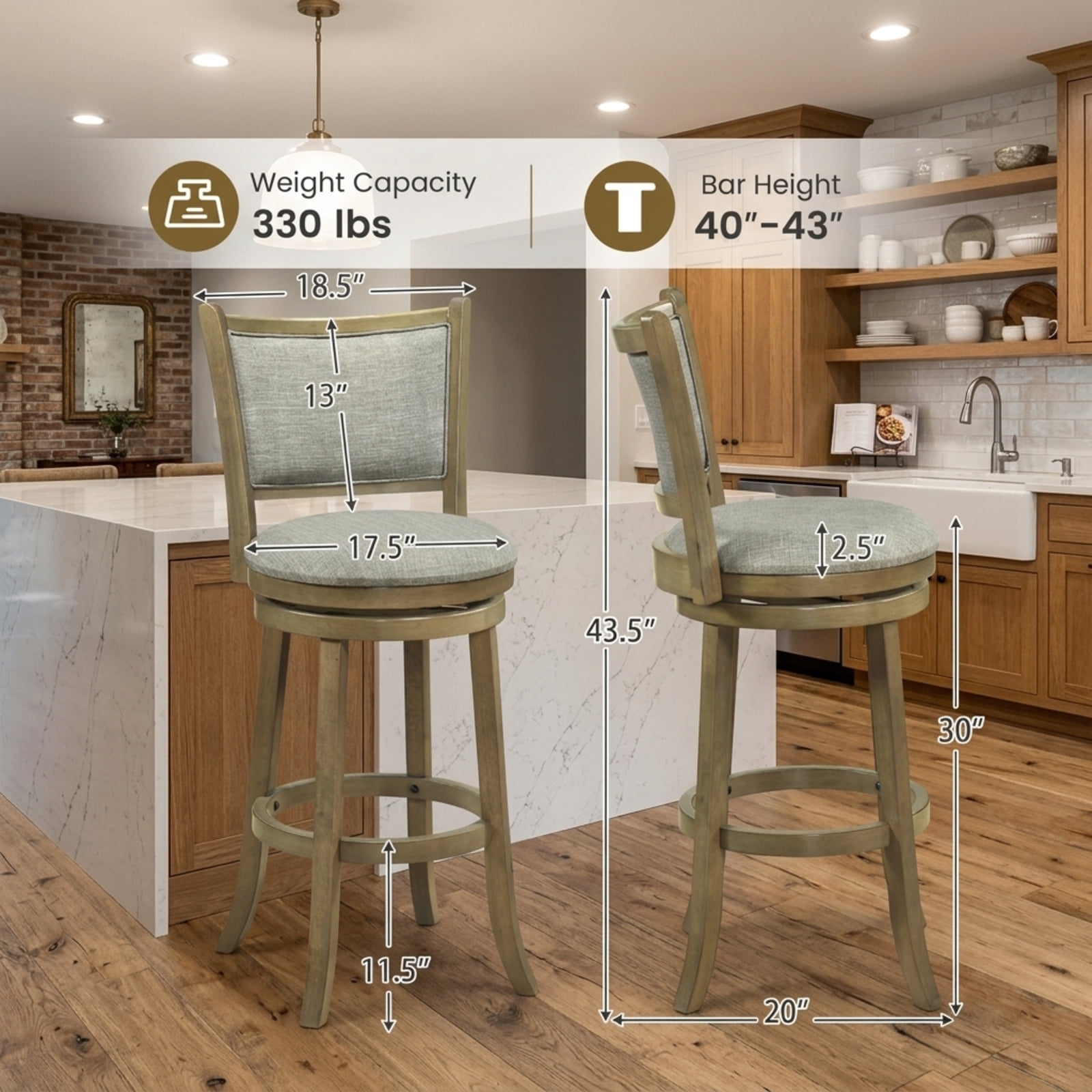 Furnibear Swivel Bar Stools Set of 2 with Soft-padded Back and Seat-L for Kitchen Island Counter Bar Pub Dining Home, Gray