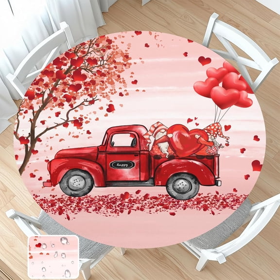 Valentines Day Round Fitted Tablecloth with Elastic Pink Red Heart Circle Table Cloth for 40-44" Round Tables Wipeable Waterproof Washable Gnome Truck Valentine Table Cover for Dining Picnic Party