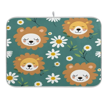 

Dish Drying Mat Kitchen Counter Hand Drawn Lion Face and Daisy Dishes Drainer Pad Absorbent Microfiber Reversible 18 x24