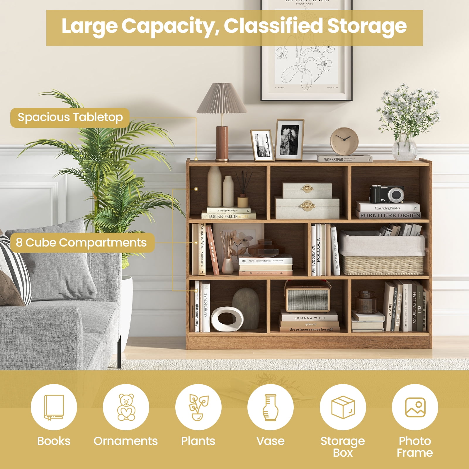Topbuy Wood Storage Cube Bookcase 3 Tier 8 Cube Open Shelf Storage Cabinet with Anti-Toppling Devices Multipurpose Bookshelf Natural
