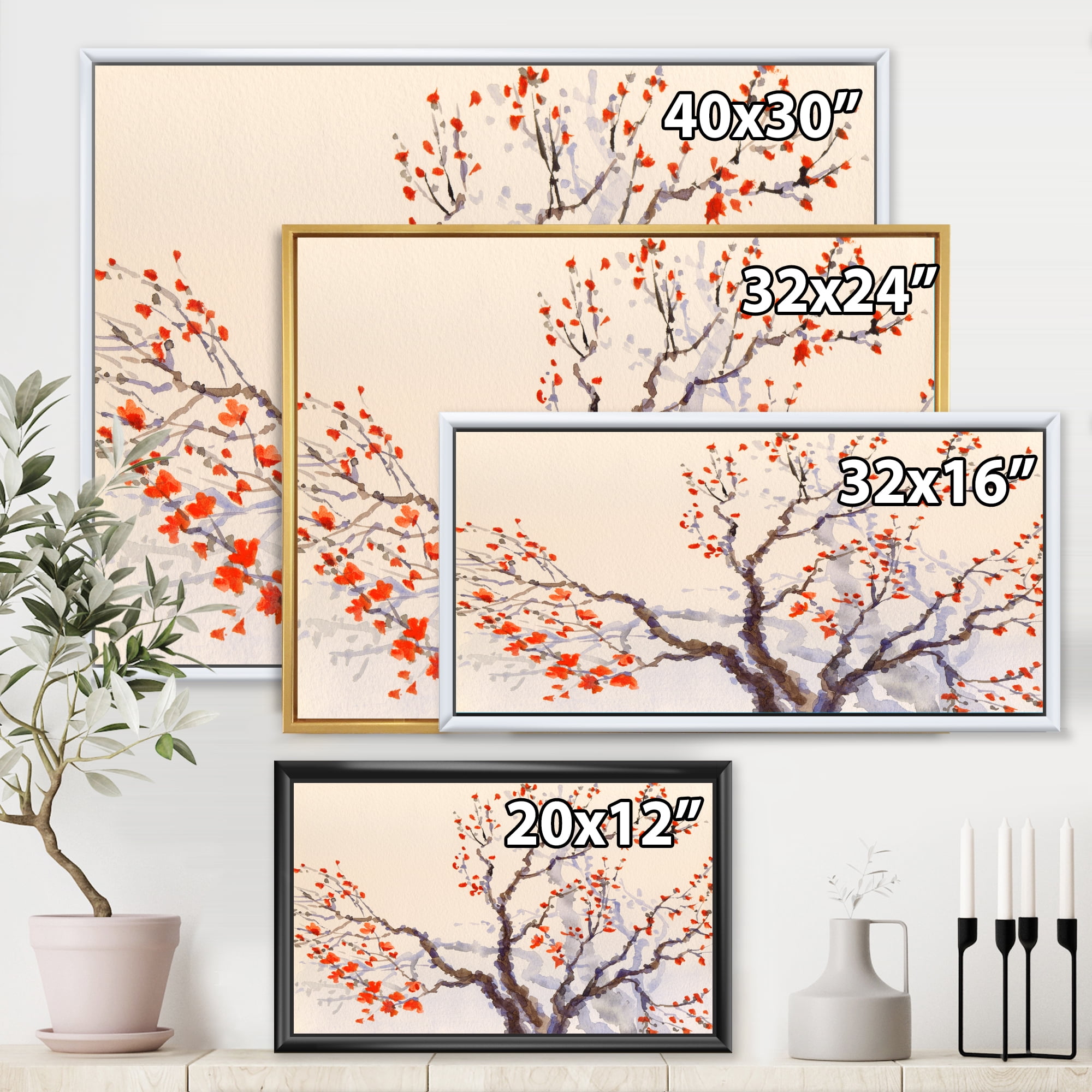 Designart 'Buds and Red Flowers On The Spring Blossoming Tree' Traditional Framed Canvas Wall Art Print