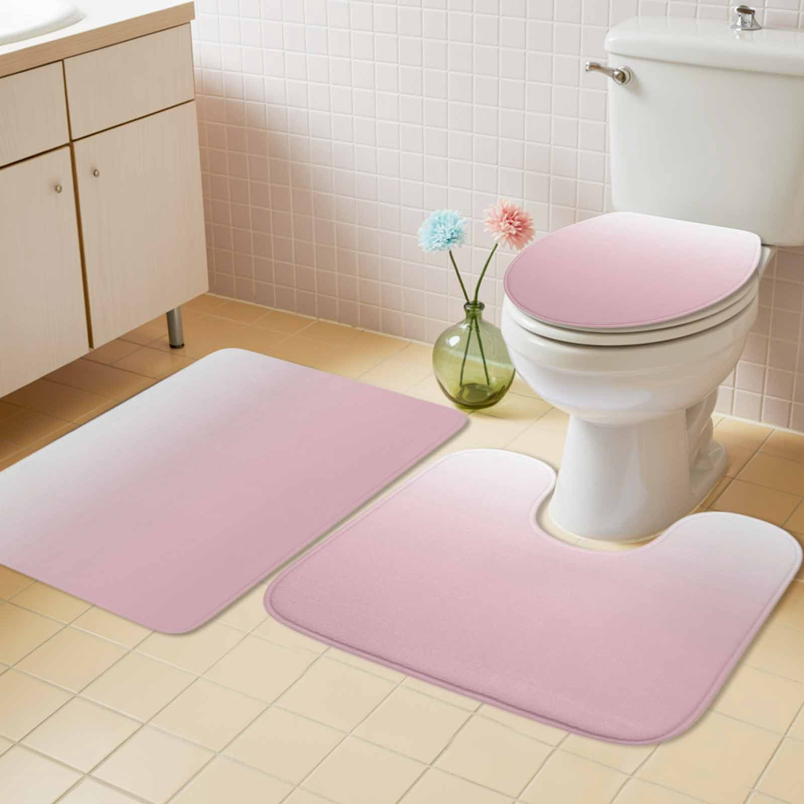 Pink White Ombre Bath Mat 3 Piece Bathroom Rug Set, Pink Gradient Color Modern Abstract Art Non Slip Bath Rug Contour Mat and Toilet Lid Cover, Absorbent Shower Mats Soft Bath Rugs and Mats Sets