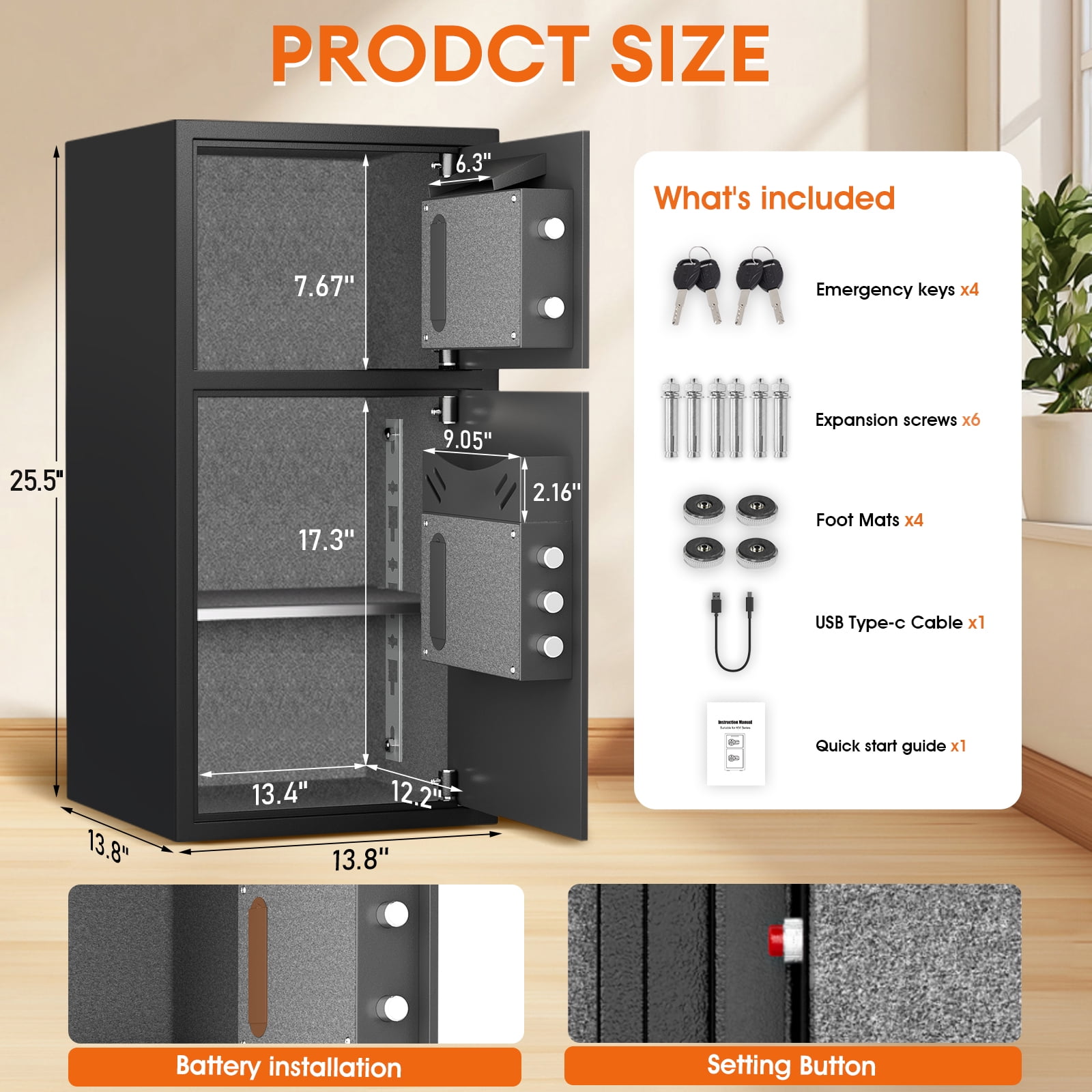 6.0 Cuft Extra Large Home Safe Box Fireproof Waterproof, Fingerprint Safe, Home Security Safes Box with Adjustable Shelf & Deposit Slot, Money Safes with Backlit Keypad & Dual Alarm for Home Office