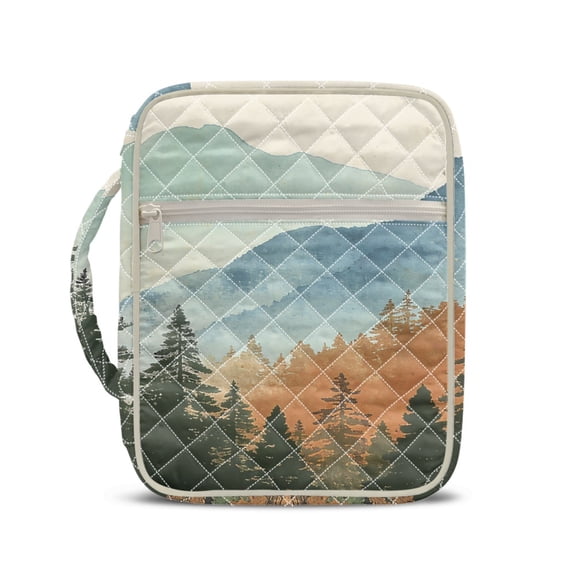 HELLHERO Pockets Quilted Bible Cover for Ladies, Handle Inner Pockets Scripture Book Bags Elastic Polyester Bible Cover Case Watercolor Mountain Forest Landscape Print
