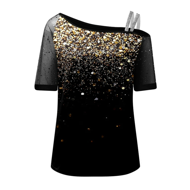 トップス Logo Off Shoulder Glitter Tee 9090girl Graphic Tees for Women Printed Off Shoulder Glitter Short