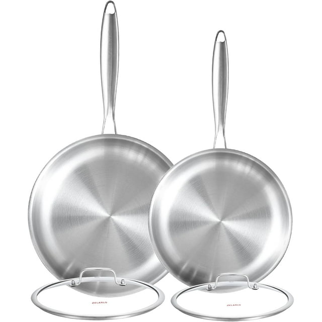 DELARLO Tri-ply Stainless Steel Frying Pan Set with Lid 8"10" Induction large Skillets Chef's Pan,Pots and Pans Set Kitchen Cookware Set Suitable for All Stove