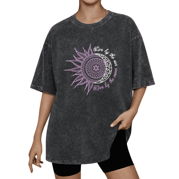 Retro Live By The Sun Love By The Moon Aesthetic Wash Print Tshirt S-2XL Vintage Black Graphic Tees Gift Shirts for Boho Fashion Tops