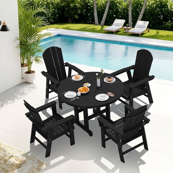 Serwall Outdoor 5-Piece Round Dining Set, HDPE All Weather Patio Dining Set for 4, 45" Round Dining Table and 4 Adirondack Dining Chairs, Black