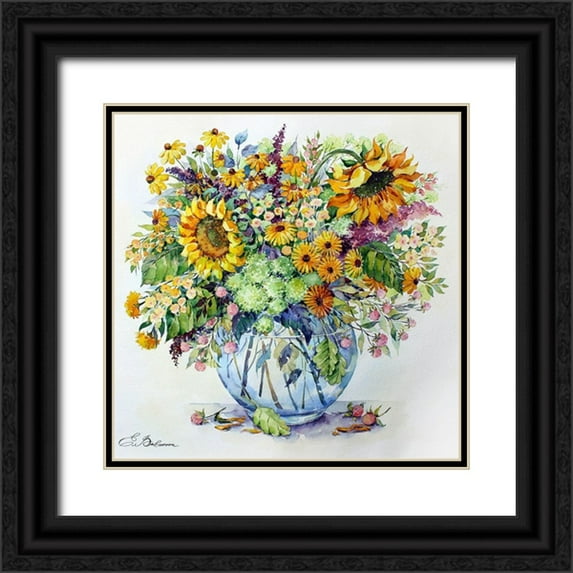 Vavilina, Elena 20x20 Black Ornate Wood Framed with Double Matting Museum Art Print Titled - Sunflowers in Glass Vase
