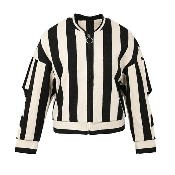 Elezay Women's Short Bomber Jacket Stripe Spring Fall Coat Fashionable Outdoor Black and White Stripe Long Sleeve Warm Soft Lightweight Coat 38