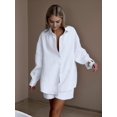 thumbnail image 4 of Women'S Cotton Cardigan Long Sleeve Top and Shorts Set Minimalist Solid Color Loungewear Outfit White M, 4 of 8