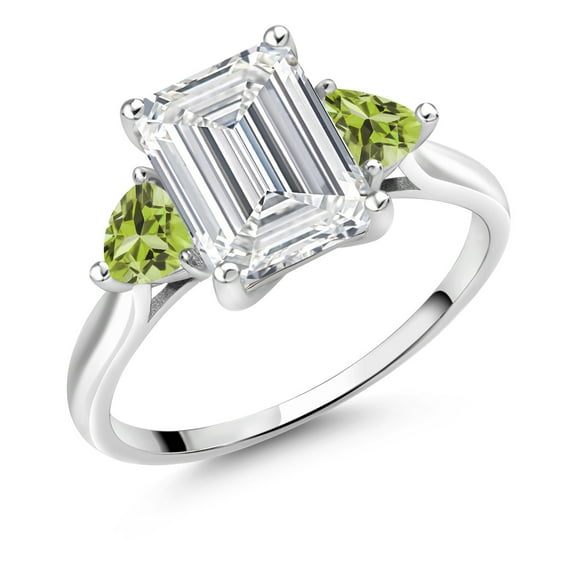 Gem Stone King 3.52 Cttw 10K White Gold IGI Certified VS Lab Grown Diamond & Green Peridot 3-Stone Engagement Ring for Women | Center Emerald Cut 3 Cttw | 4MM Trillion | Size 10