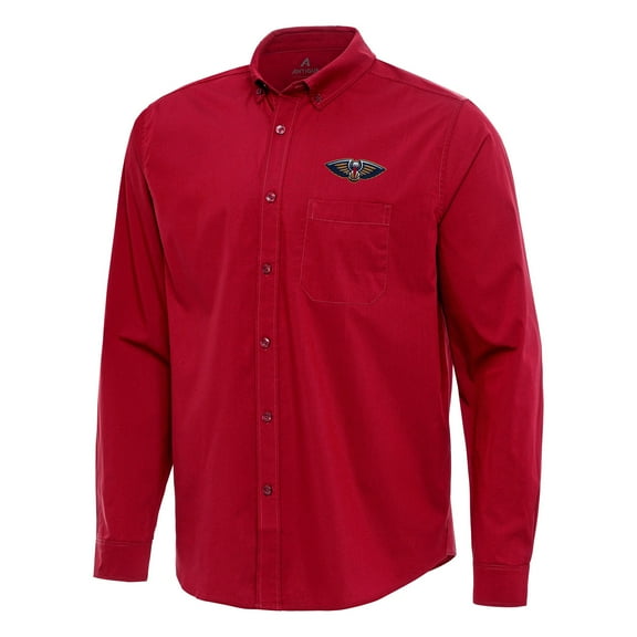 Men's Antigua Red New Orleans Pelicans Flight Woven Tri-Blend Long Sleeve Button-Down Shirt