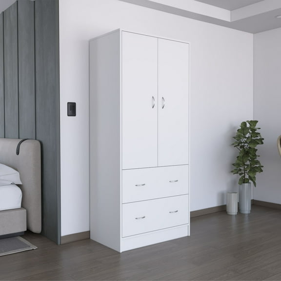 Chests Of Drawers, Armoire 71" H with Two Doors, Two Drawers, and Hanging Rod,White, White Dressers,Particle Board Wooden Dressers, Furniture Bedroom Furniture Dressers, Chests & Wardrobes
