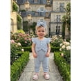 thumbnail image 3 of BemeyourBBs Newborn Baby Girl Spring Summer Fall Clothes Infant Baby Girl Waffled Romper One Piece Outfit Ruffled Flying Short Sleeve Front Bow Stripes Jumpsuit with Headband, 3 of 9