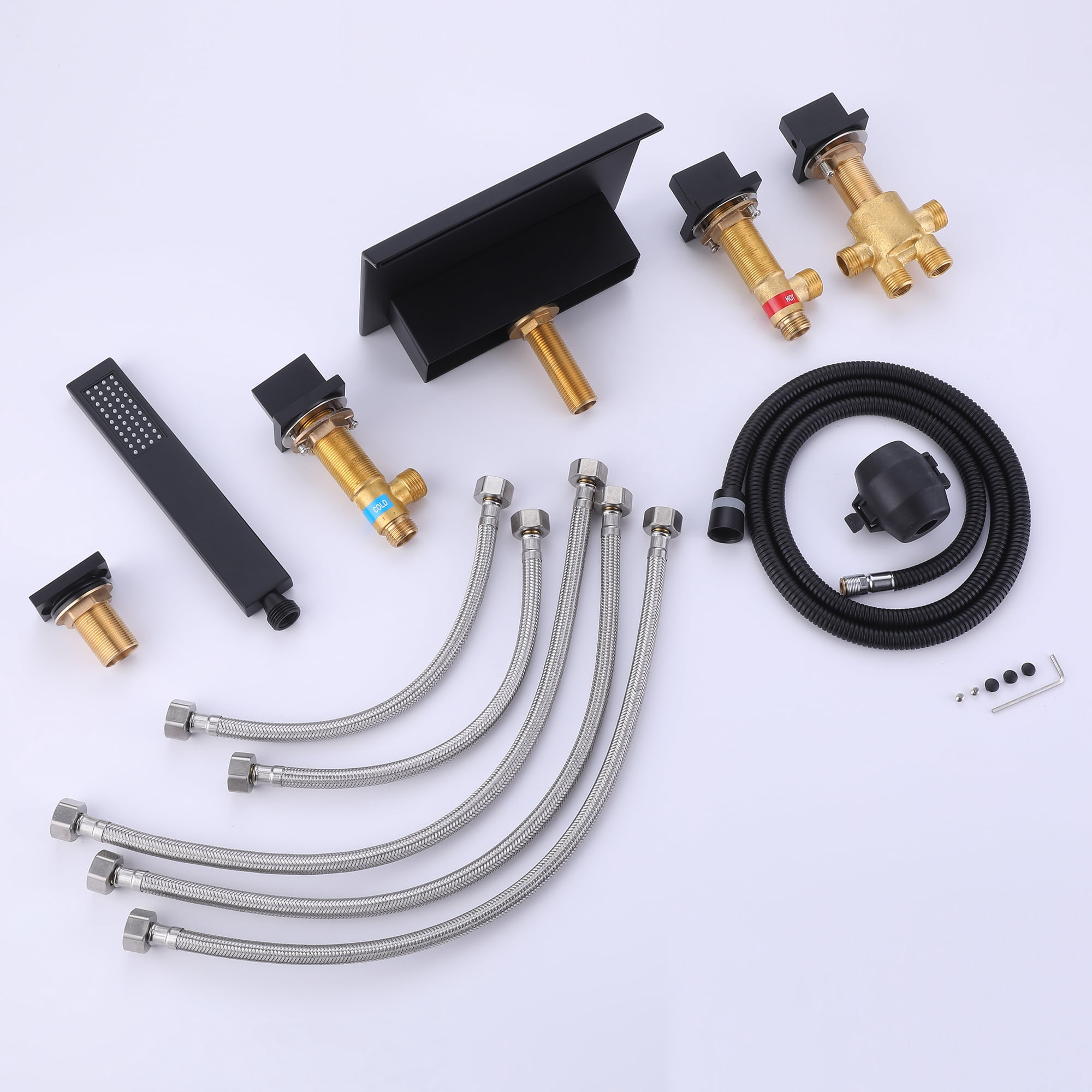Triple Handles Deck Mounted Waterfall Bathtub Faucet, Five Holes Roman Tub Filler with Hand Shower