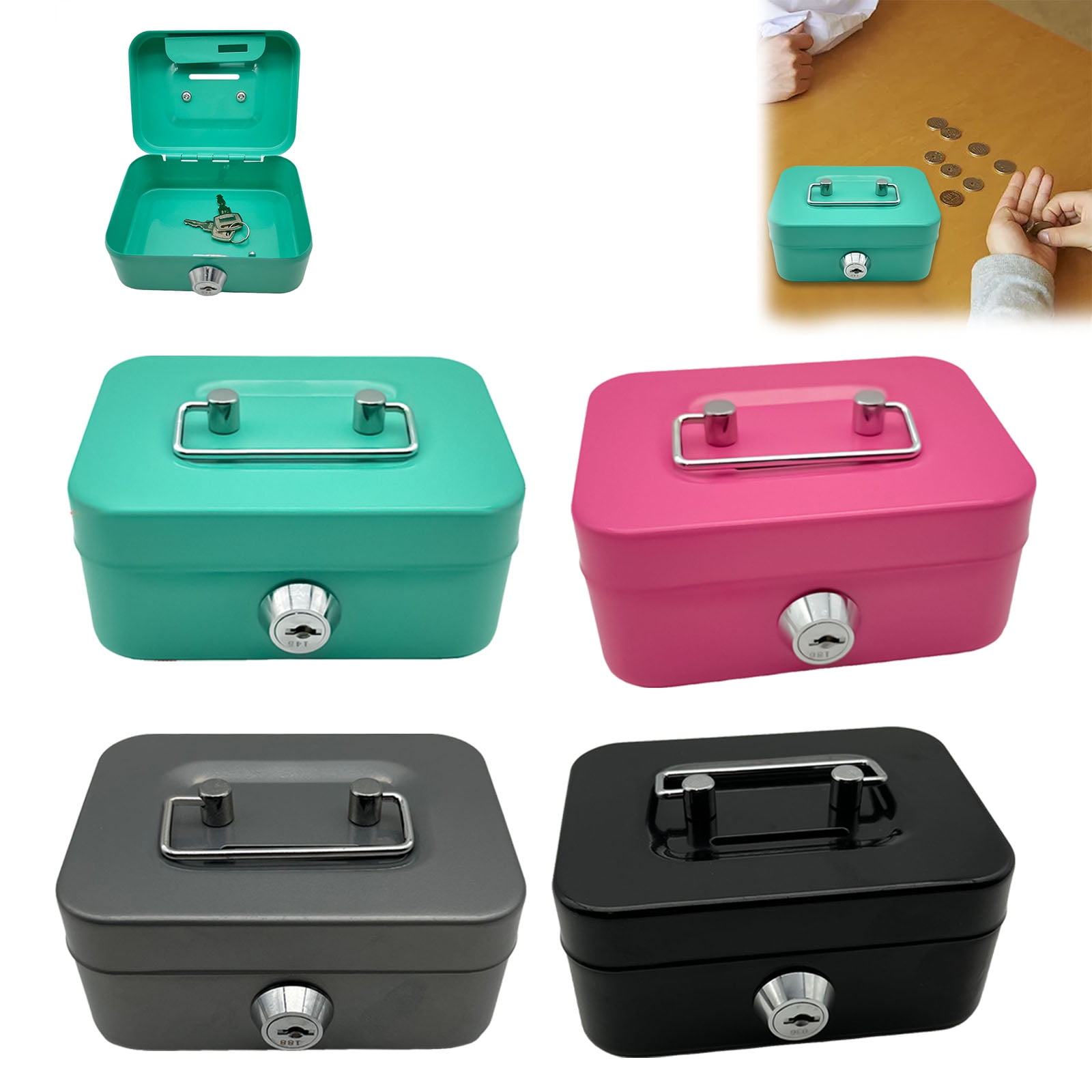 YoeXGDS 2PCS Locking Steel Medium Box with Removable Tray and Key Lock, Portable Small Lock Box with Key, Key Lock Organizer with Handle for Home 4.5×2inch